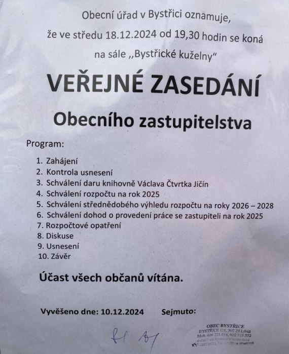 Veřejné zasedání obecního zastupitelstva